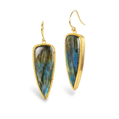 Gold earrings featuring iridescent labradorite gemstones, against a white background.