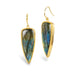 Gold earrings featuring iridescent labradorite gemstones, against a white background.