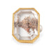 Ring with handmade gold frame and sterling silver band featuring a lodolite quartz stone on a white background