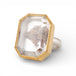 Ring with handmade gold frame and sterling silver band featuring a lodolite quartz stone on a white background