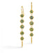 Gold earrings featuring rows of glistening green diamonds, shown against a white background.