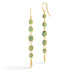 Gold earrings featuring rows of green apatite gemstones, shown against a white background.