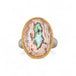 Handcrafted ring with a mexican opal stone, gold setting and sterling silver band on a white background.