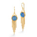 Gold earrings featuring carved moonstones, shown against a white background.