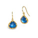 Gold earrings featuring blue moonstone gemstones, shown against a white background.