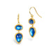 A pair of gold drop earrings with vibrant blue moonstone gemstones, featuring double-stone designs, set against a plain white background.