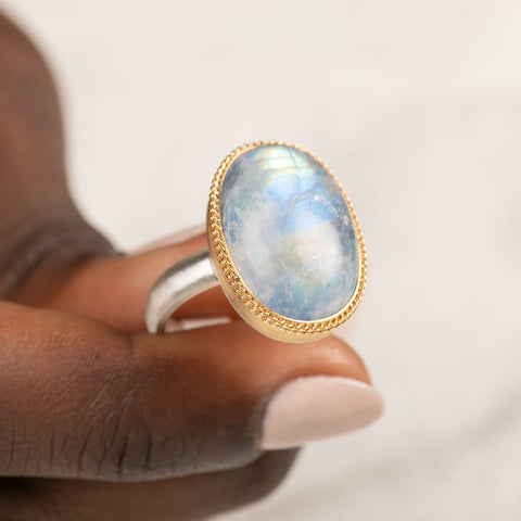 Moonstone Oval Ring in Sterling Silver and 18k Gold