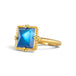 A square-cut moonstone ring in a yellow gold setting, shown on a plain white background.