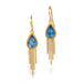 A pair of gold drop earrings featuring teardrop-shaped blue iridescent moonstone gemstones surrounded by a textured gold bezel, with dangling gold chain fringe, shown on a white background.