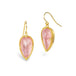 A pair of gold drop earrings featuring pear-shaped pink morganite gemstones in a textured gold bezel setting, shown on a clean white background.