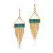 A pair of gold dangle earrings featuring a rectangular boulder opal and cascading gold chain fringe, shown against a plain white background.