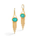 Gold earrings featuring Ethiopian opal gemstones with gold chain tassels, shown against a white background.