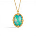 A gold necklace featuring an oval Ethiopian opal gemstone, shown against a white backdrop.