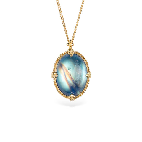 Handmade gold necklace with a moonstone pendant in an 18k gold bezel on a white background