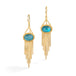 Gold earrings featuring paraiba kyanite gemstones and gold chain tassels, shown against a white background.