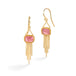Gold earrings featuring rhodochrosite gemstones and gold chain tassels, shown against a white background.