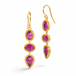 Gold earrings featuring a trio of vibrant red-pink rhodolite garnet gemstones, shown against a white background