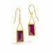 Gold earrings featuring rhodolite garnet gemstones shown against a white background.