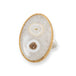 An oval ring featuring a solar quartz stone set in a textured gold bezel with a sterling silver band, shown against a white background.