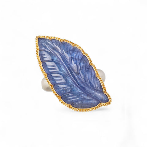 Carved Feather Tanzanite Ring in Sterling Silver and 18k Gold