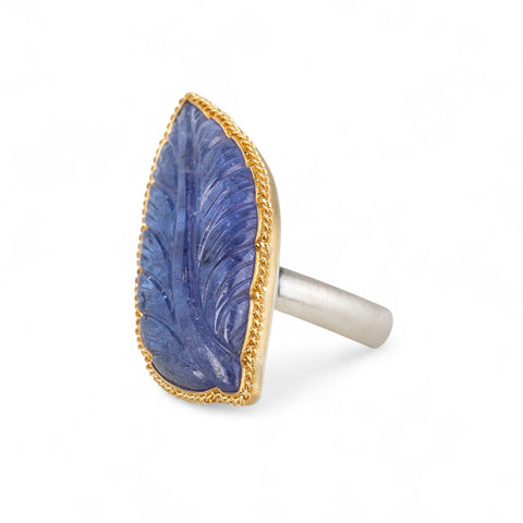 Carved Feather Tanzanite Ring in Sterling Silver and 18k Gold