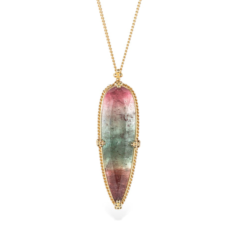 Handmade gold necklace with a watermelon tourmaline gemstone pendant on a white background