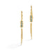 Gold earrings featuring rows of small blue diamonds and tassels made of gold chains streaming below them.