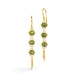 Gold earrings featuring trios of green diamonds, shown against a white background.