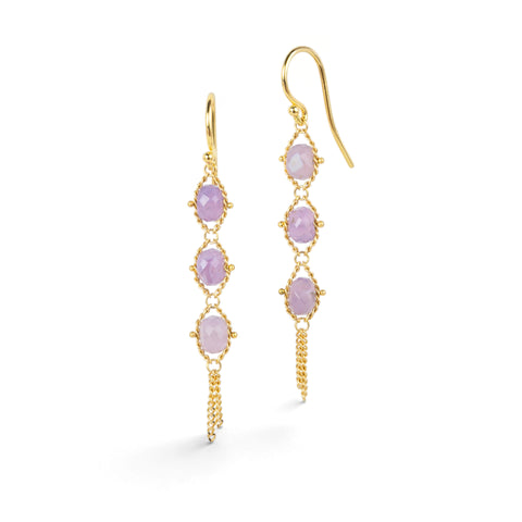 Gold earrings featuring a trio of holly blue chalcedony stones, shown on a white background.