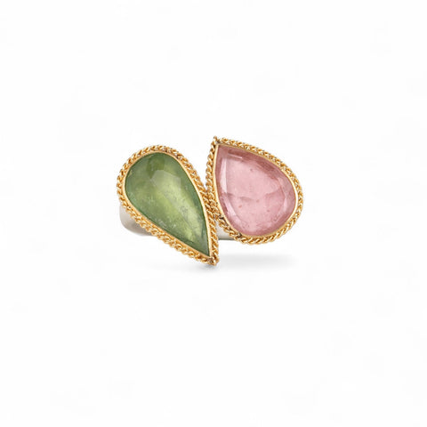 Tourmaline ring featuring green and pink tourmaline and silver band