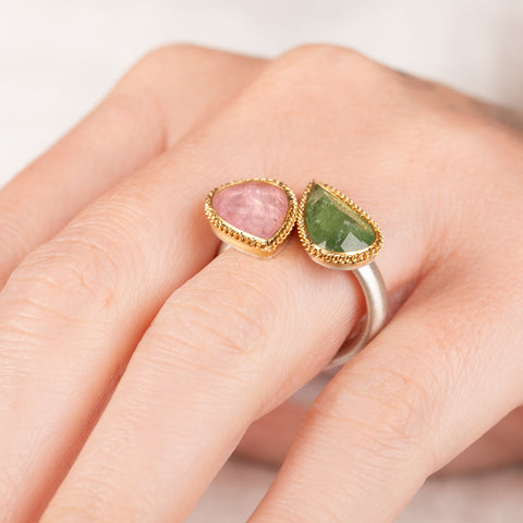 Tourmaline ring featuring green and pink tourmaline and silver band