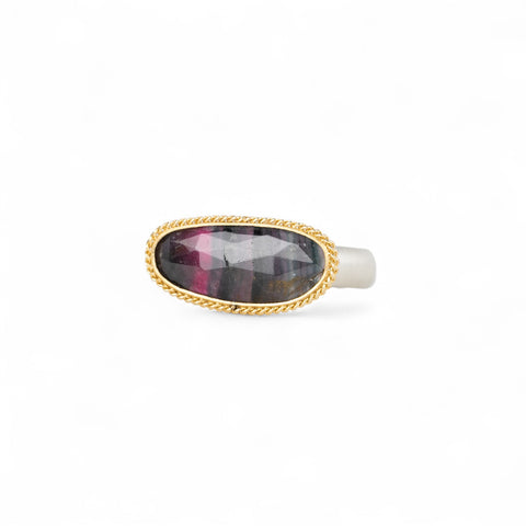 Watermelon tourmaline ring with gold bezel and silver band