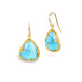 A pair of gold drop earrings featuring teardrop-shaped turquoise stones with natural matrix veining, shown on a plain white background.