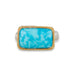 A gold ring featuring a rectangular turquoise stone set in a gold bezel with a sterling silver band against a plain white background.