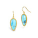 A pair of gold drop earrings featuring turquoise stones with black matrix veining, set in a textured gold bezel 