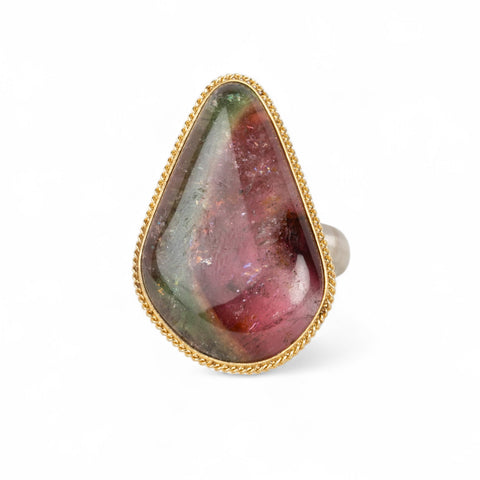 Watermelon Tourmaline Teardrop Ring in Sterling Silver and 18k Gold