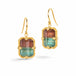Gold earrings featuring watermelon tourmaline gemstones in duo-tones, shown against a white background.