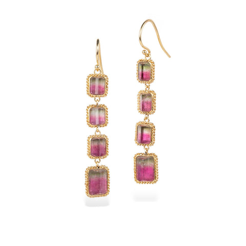 Handmade 18k gold earrings with watermelon tourmaline gemstones on a white background.