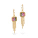 Gold earrings with watermelon tourmaline gemstones and gold chain tassels on a white background