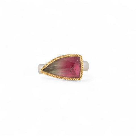 Watermelon tourmaline ring with gold bezel and silver band