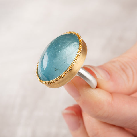 Aquamarine Ring in Sterling Silver and 18k Gold