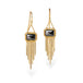 Gold-framed earrings with black diamonds and chain fringes on a white background