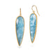 Pair of earrings with blue aquamarine stones and gold frames on a white background