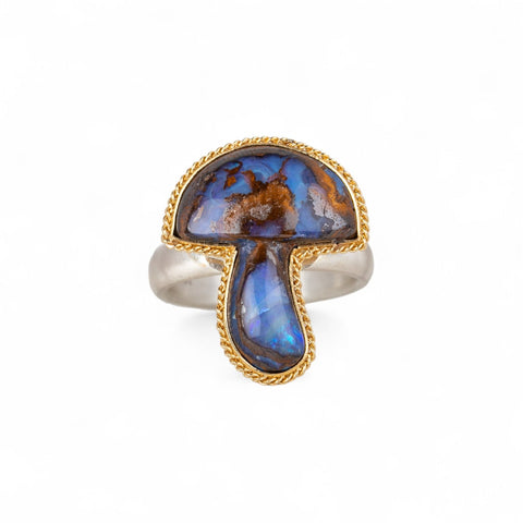 Boulder opal mushroom ring in gold and silver