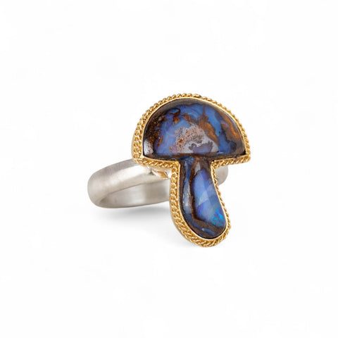 Boulder opal mushroom ring with gold bezel and silver band