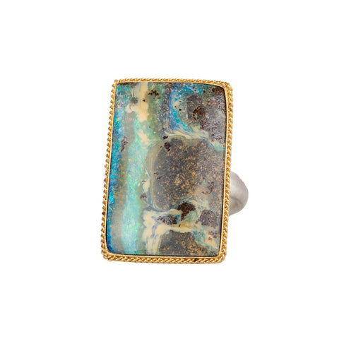 Boulder opal ring in 18k gold bezel and sterling silver band