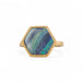 Gold ring with a hexagonal boulder opal stone on a white background