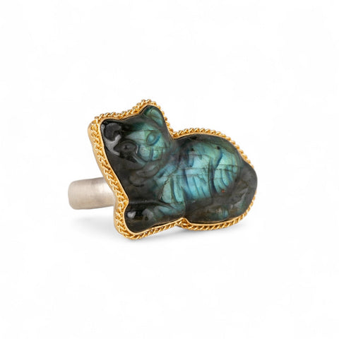 Labradorite cat ring with an 18k gold bezel and sterling silver band