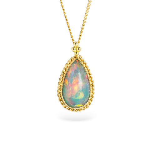 Ethiopian opal pendant necklace with gold chain on a white background