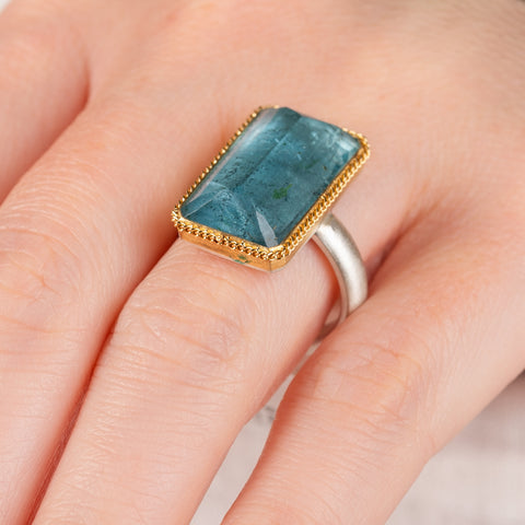 Faceted Aquamarine Ring in Sterling Silver and 18k Gold